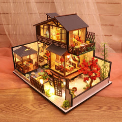 Wooden DIY Courtyard Doll House Miniature Kit Handmade Assemble Toy with LED Light Dust-proof Cover for Gift Collection