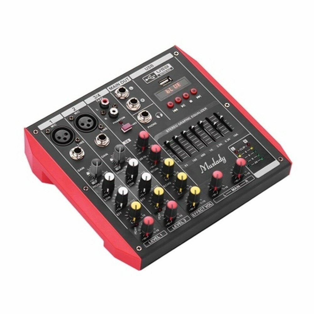 4 Channel Audio Bluetooth Mixer Mixing Console with 7-Band EQualizer USB Phantom Power 48V