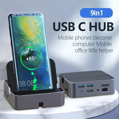 9 In 1 USB Type-C Hub Docking Station Adapter With 4K HDMI Display 1080P VGA 100W USB-C PD3.0 Power Delivery