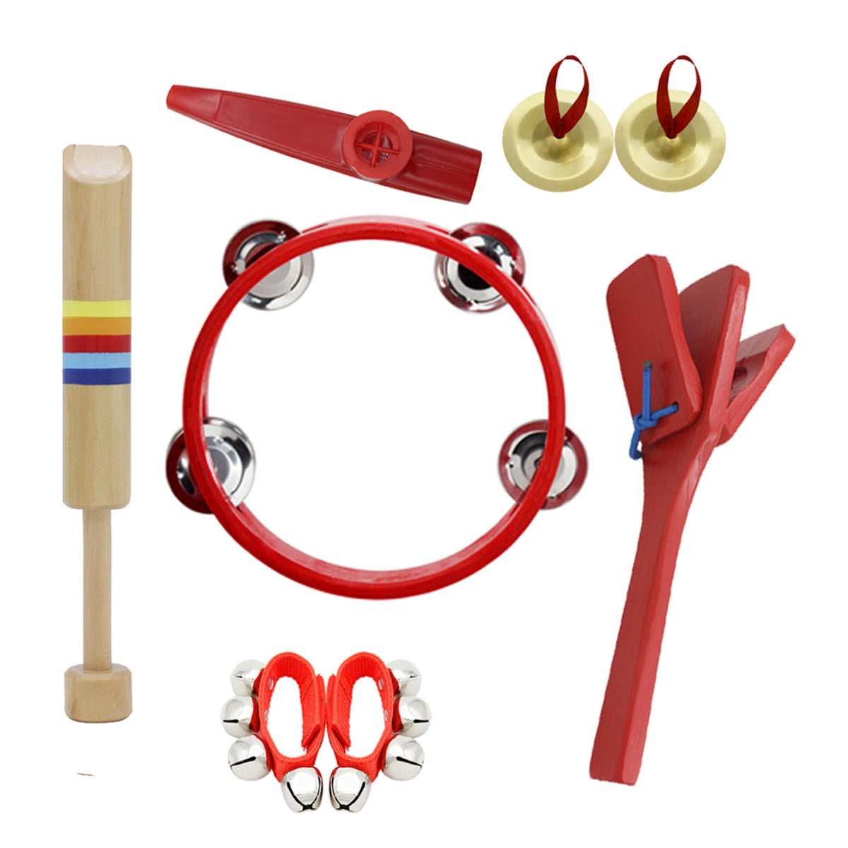 6 Piece Set Orff Musical Instruments Tambourine/Wooden Flute/Finger Cymbal/Wrist Bell/kazoo/Castanet