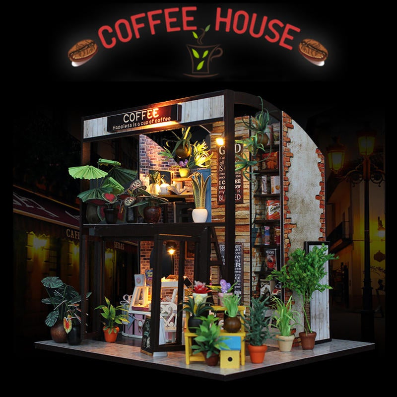 Handcraft DIY Doll House Time Cafe House Wooden Miniature Furniture LED Light Gift