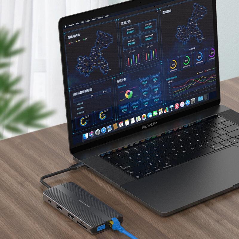 12-in-1 Triple Display USB-C HUB Docking Station Adapter With 4K HDMI 4K DP 1080P VGA 100W USB-C PD Power Delivery