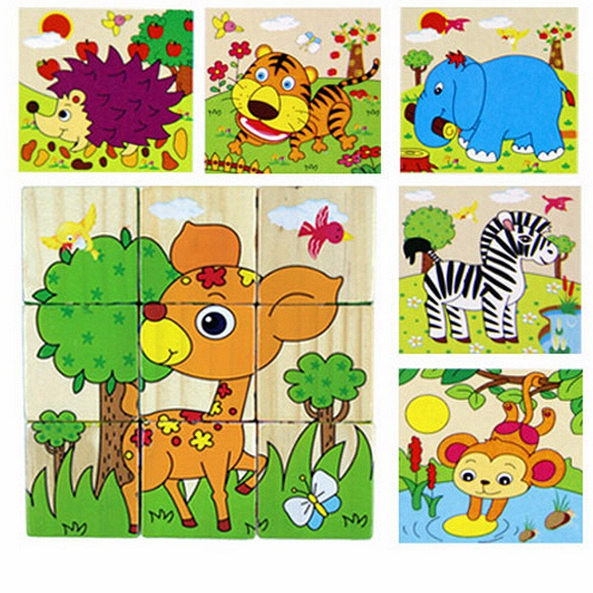 Children Cartoon Puzzle Blocks Colorful Educational Wooden Kids Toys