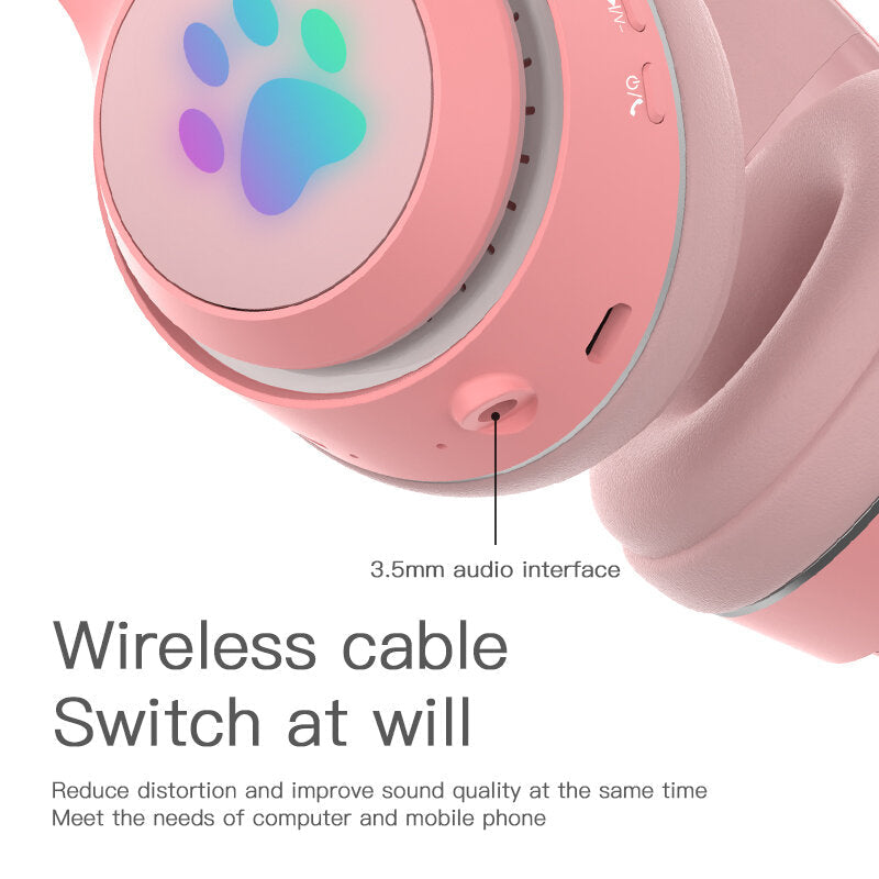 LED Glowing Cat Ears Earphone Wireless Foldable Headphones HiFi Stereo bluetooth With HD Microphone