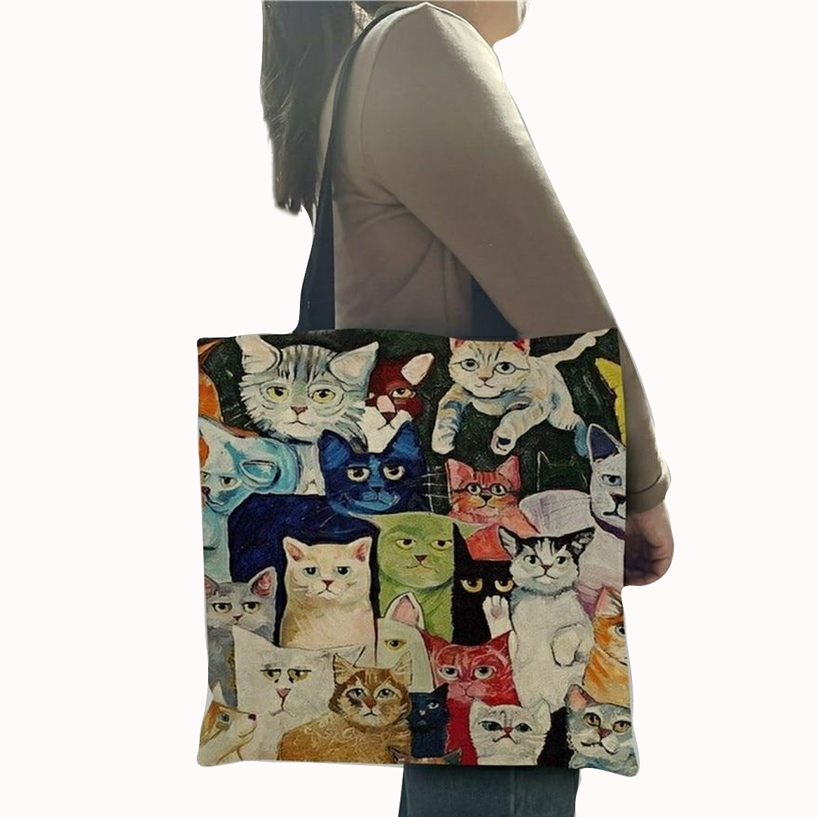 Cute Cartoon Anime Cat Print Linen Tote Bag Women Fashion Handbags School Travel Shopping Shoulder Bags Reusable