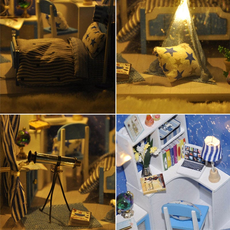 Wooden DIY Handmade Assembly Doll House with LED Lighs Dust Cover for Kids Gift Collection Home Display