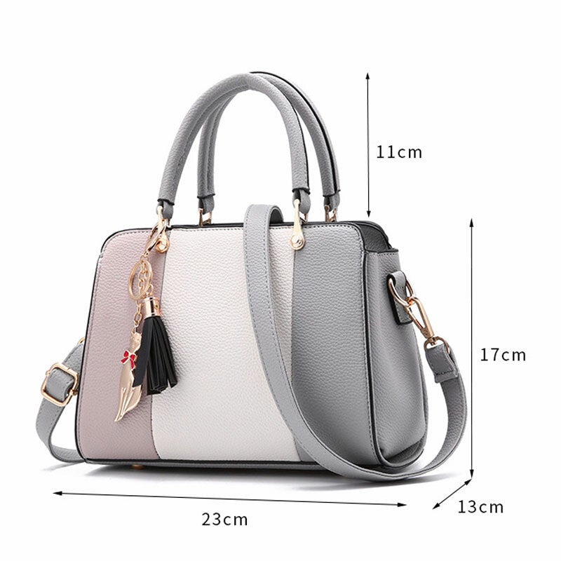 Stitching PU Leather Designer Purses and Handbag Shoulder Bag Tote with Tassels for Women Daily