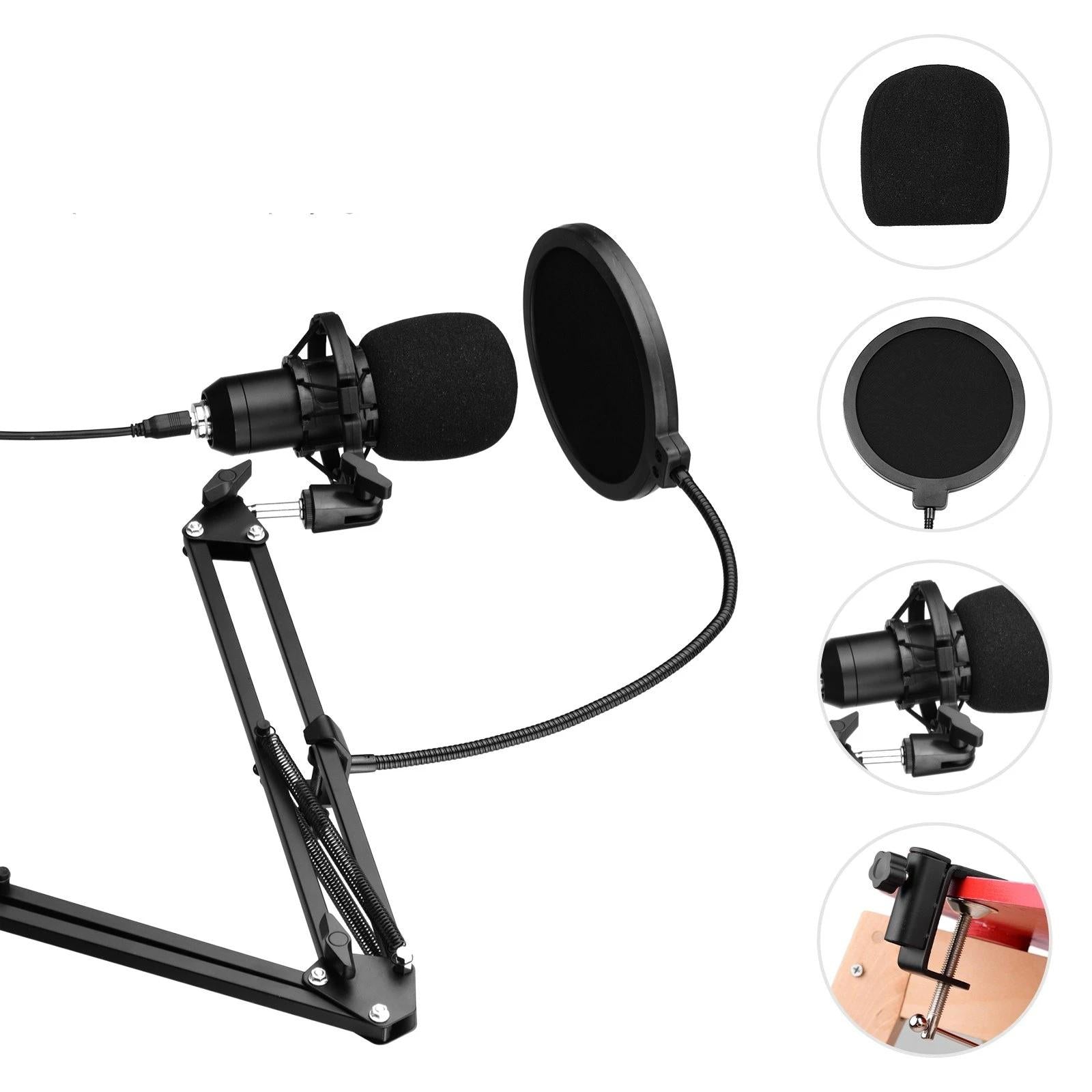 USB Condenser Microphone Set with Desk Mounting Clamp Scissor Arm Stand Pop Filter Muff Shock Mount Cable