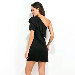 Women Dress Solid Color One Shulder Asymmetric Ruffle Overlay Mini Elegant Party Club Cocktail