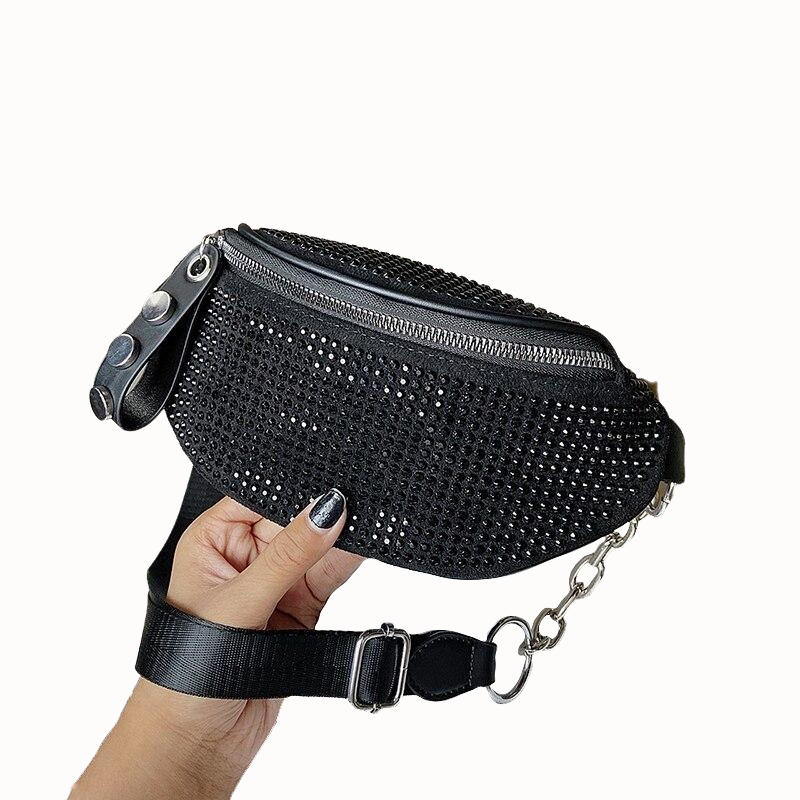 Fashion Rhinestones Women Bag Waist Bag Fanny Packs Chest Waist Pack Travel Casual Female Chain Strap Punk Belt Bag