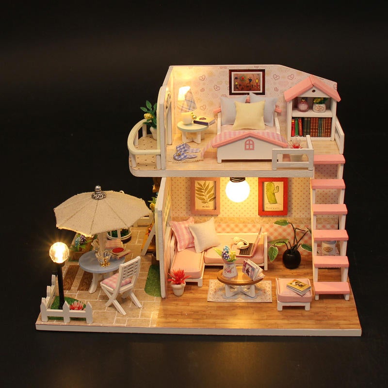 Pink Loft DIY House With Furniture Music Light Cover Miniature Decor Toy