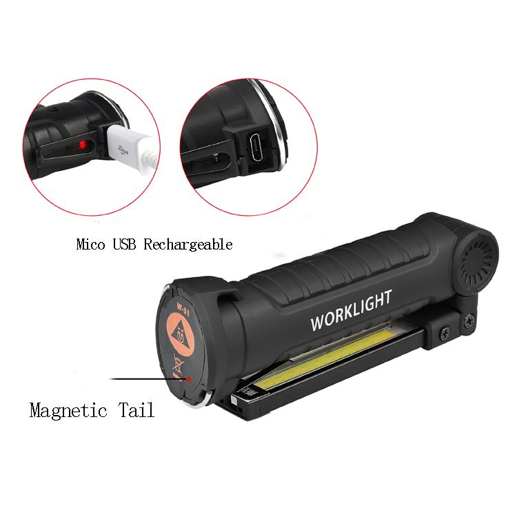 360Degree Rotation USB Rechargeable COB+LED Emergency Worklight with Magnetic Tail