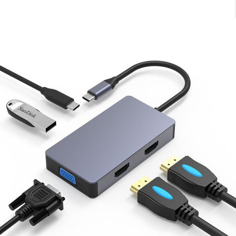 5 In 1 Triple Display USB-C Hub Docking Station Adapter With USB 3.0 Dual HDMI 4K HD Display 1080P VGA 100W Type-C PD Charging