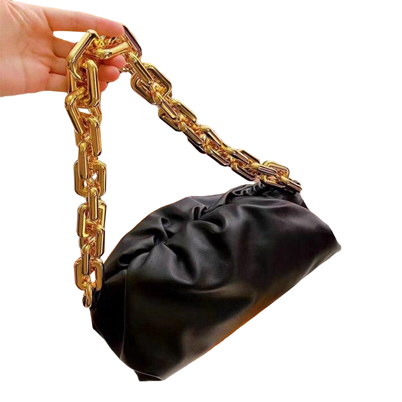 Soft PU Leather Pleated Shoulder Bag Women Luxury Designer Thick Metal Chain Clip Handbag Female High Quality Purse Fashion