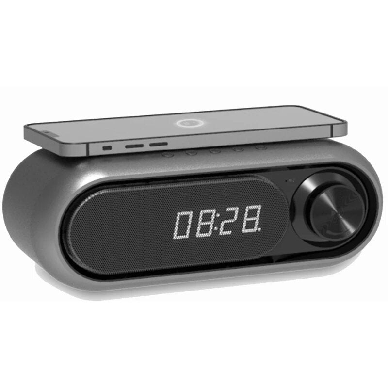 Bluetooth Speaker LED Display Table Alarm Clock Wireless Charger FM Radio TF Card Play Bass Sound Box Subwoofer