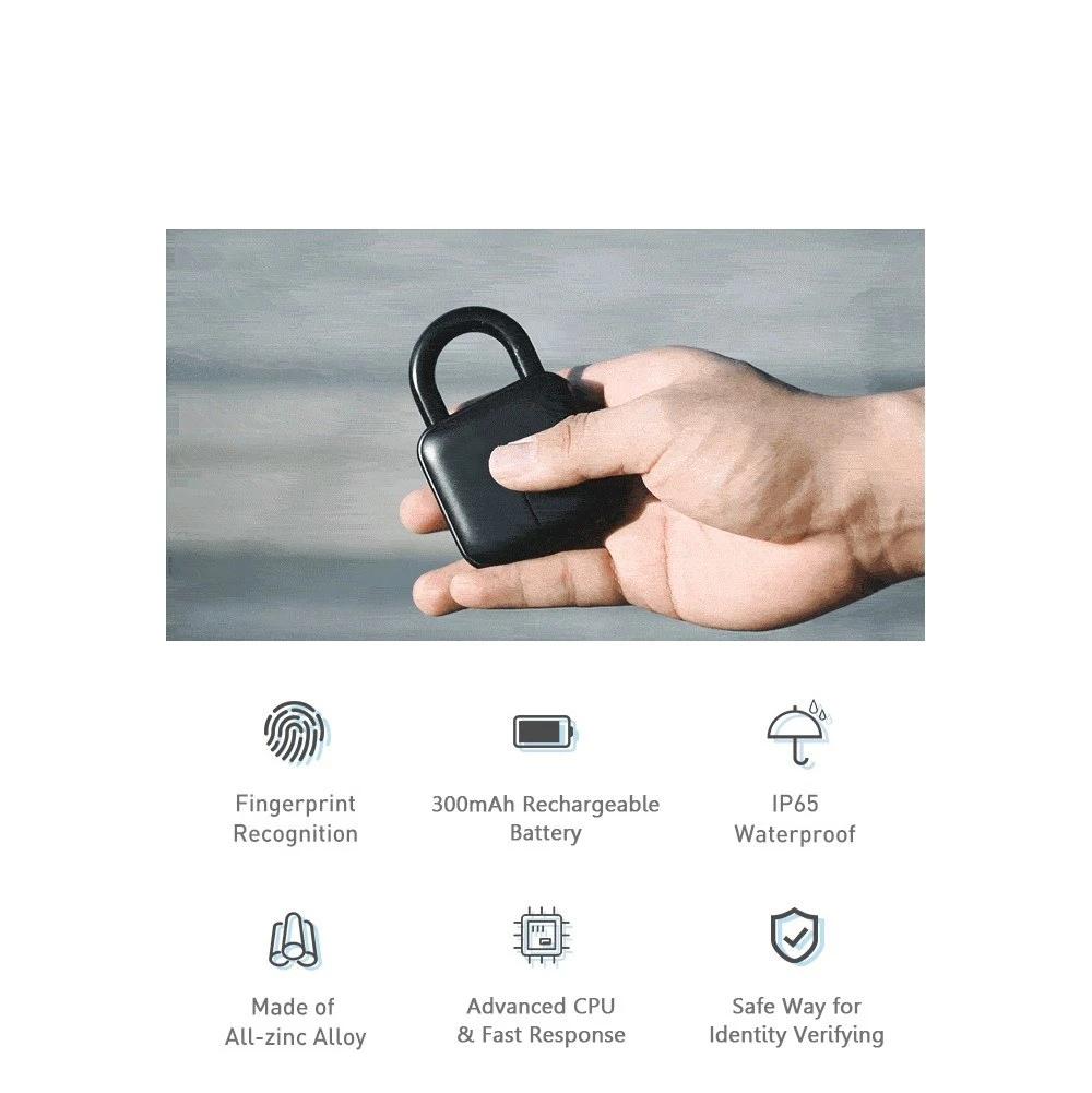 Smart Fingerprint Padlock IP65 Waterproof Anti-Theft Security Door, Luggage, Bicycle Lock