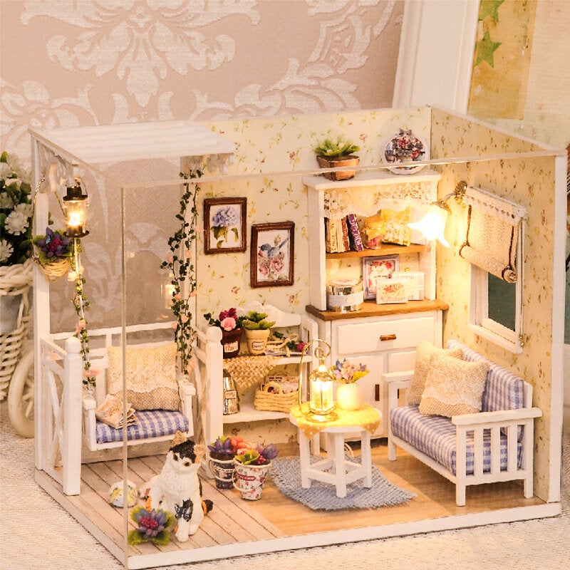 Cat Diary Doll House DIY Cabin With Dust Cover Music Motor