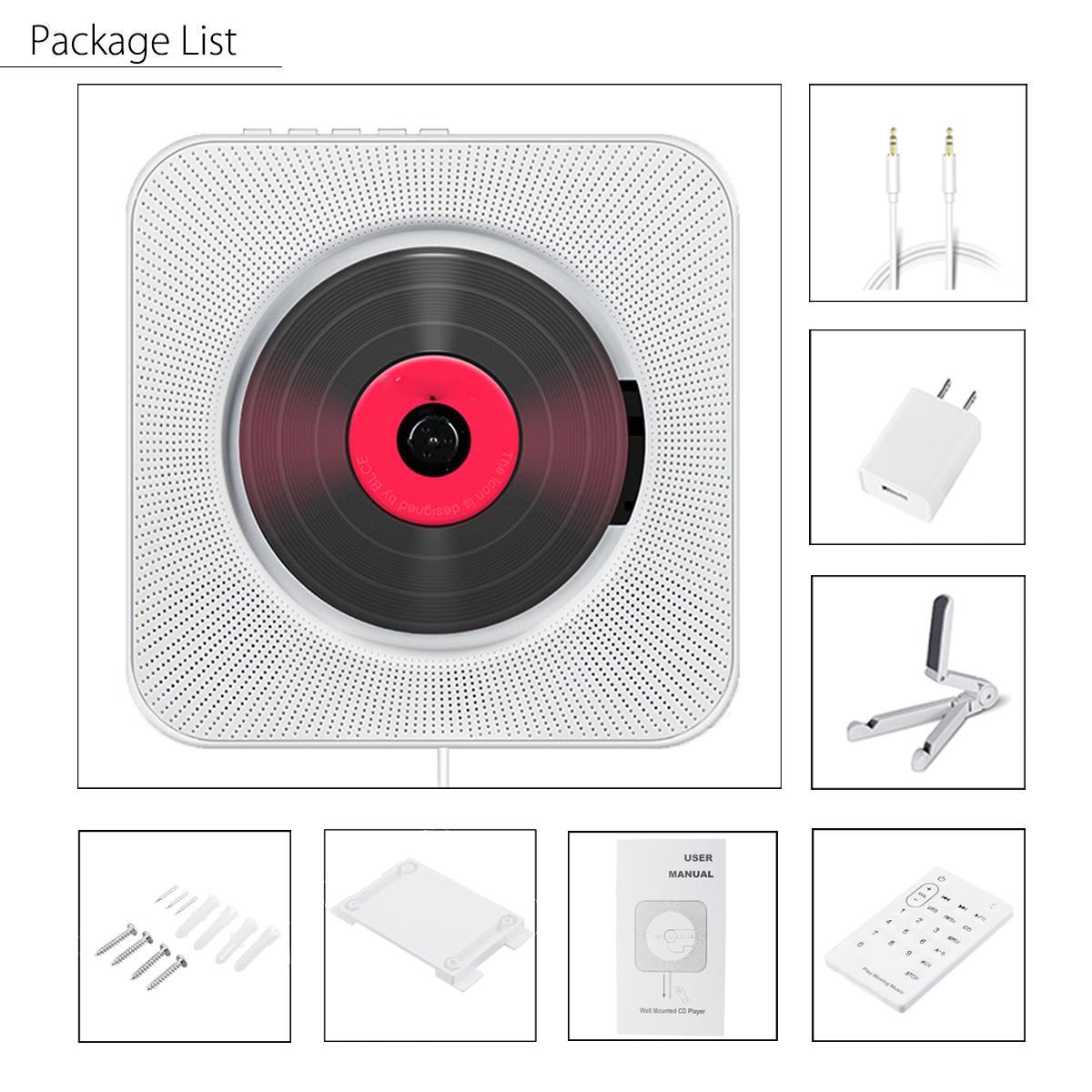 Wall Mounted Bluetooth CD Player Portable Home Audio Box with Remote Control FM Radio Built-in HiFi Speakers MP3 110V-220V