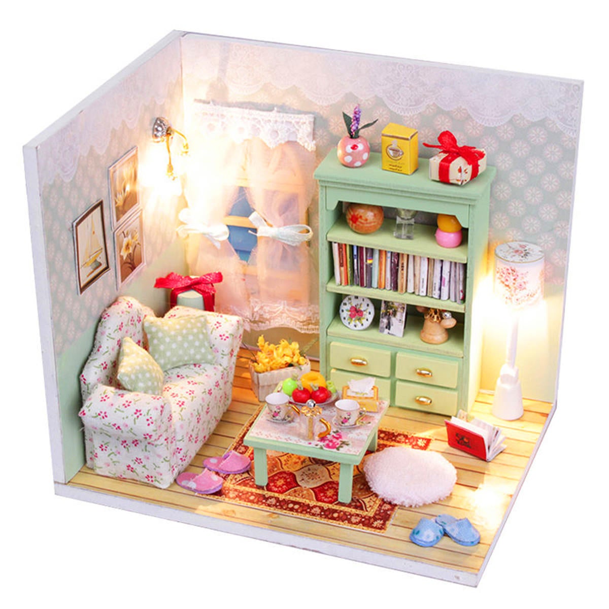 Dream House Wood Miniature With LED+Furniture+Cover Room