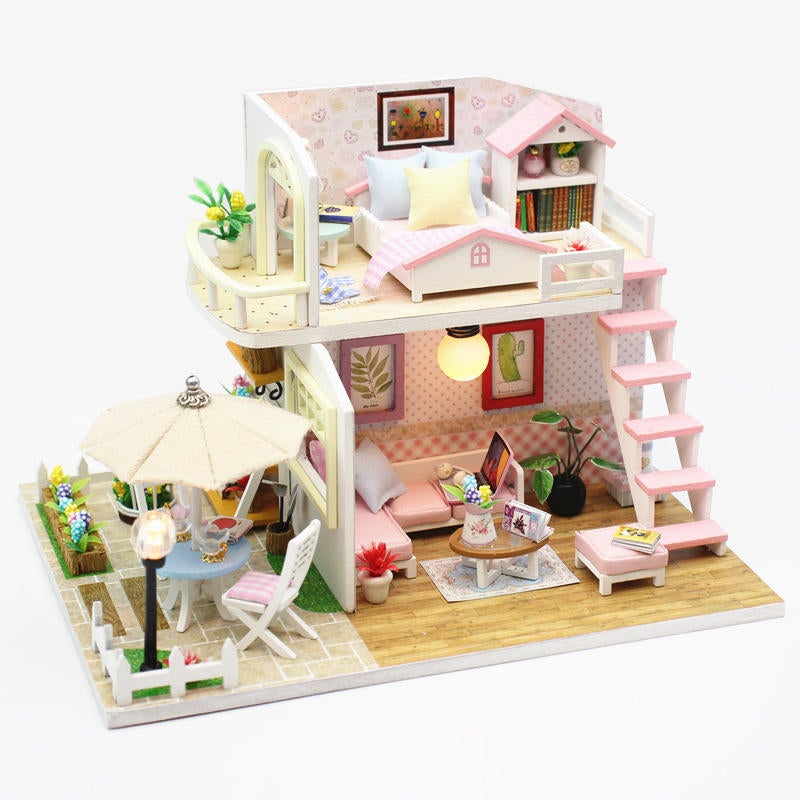 Pink Loft DIY House With Furniture Music Light Cover Miniature Decor Toy