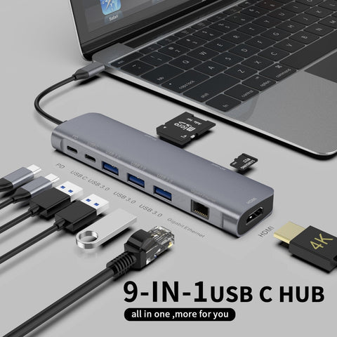 9 in 1 USB-C Hub Docking Station Adapter with USB3.0*3 USB-C Data Transfer 100W USB-C PD 4K 30HZ HD Display Video Output