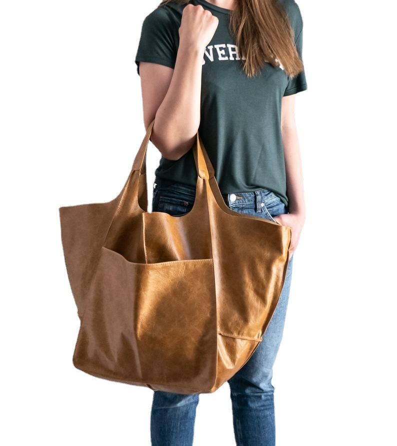 Casual Soft Large Capacity Tote Women Handbags Designer Aged Metal Look Luxury Pu Leather Shoulder Bag Retro Big Shopper Purses