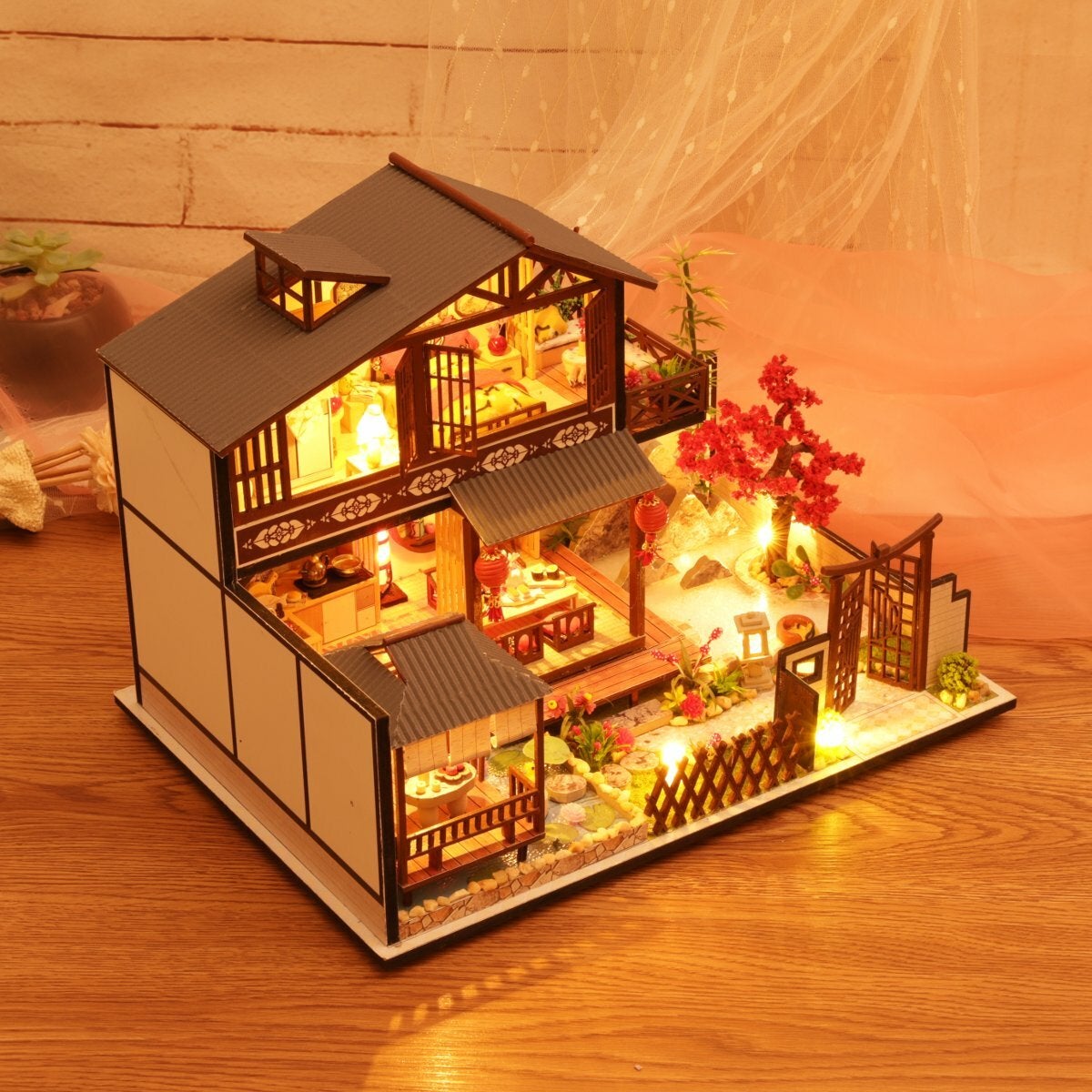 Wooden DIY Courtyard Doll House Miniature Kit Handmade Assemble Toy with LED Light Dust-proof Cover for Gift Collection