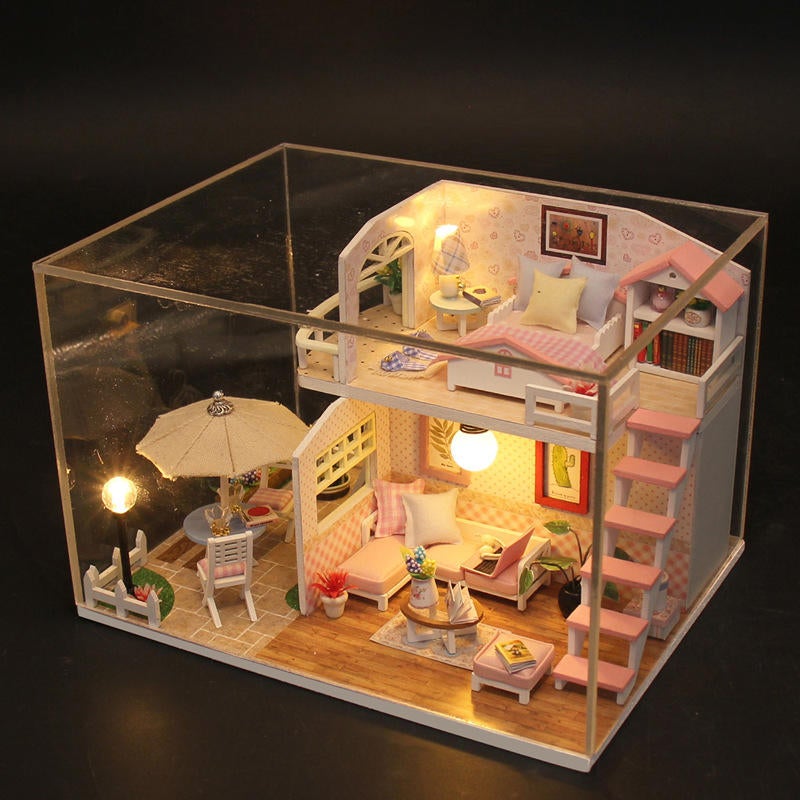 Pink Loft DIY House With Furniture Music Light Cover Miniature Decor Toy