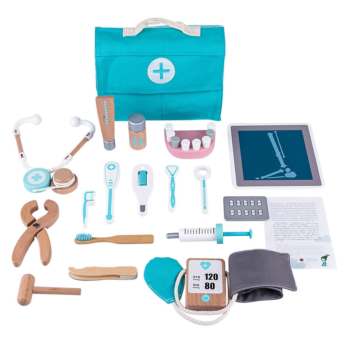18 Pcs Children Wooden Role Play Pretend Dentist Toolbox Doctor Medical Playset with Stethoscope Early Education Toy