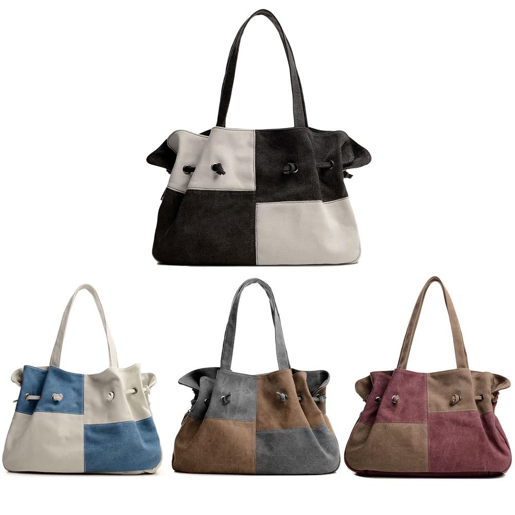 Women Canvas Handbag Contrast Color Casual Messenger Shoulder Bag Tote Black/Blue/Grey/Red