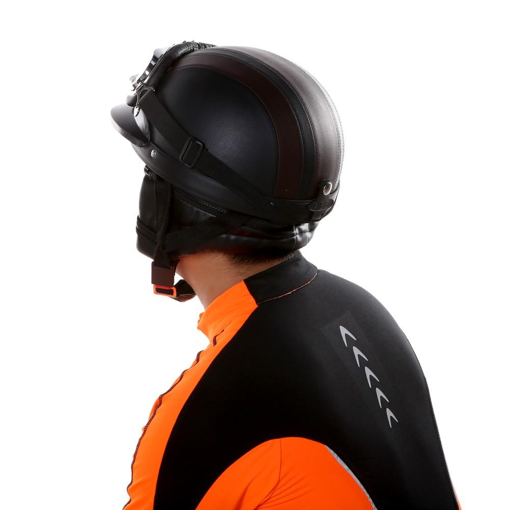 Mortorcycle Mask Detachable Goggles and Mouth Filter+ Open Face Half Leather Helmet with Vision UV 54-60cm