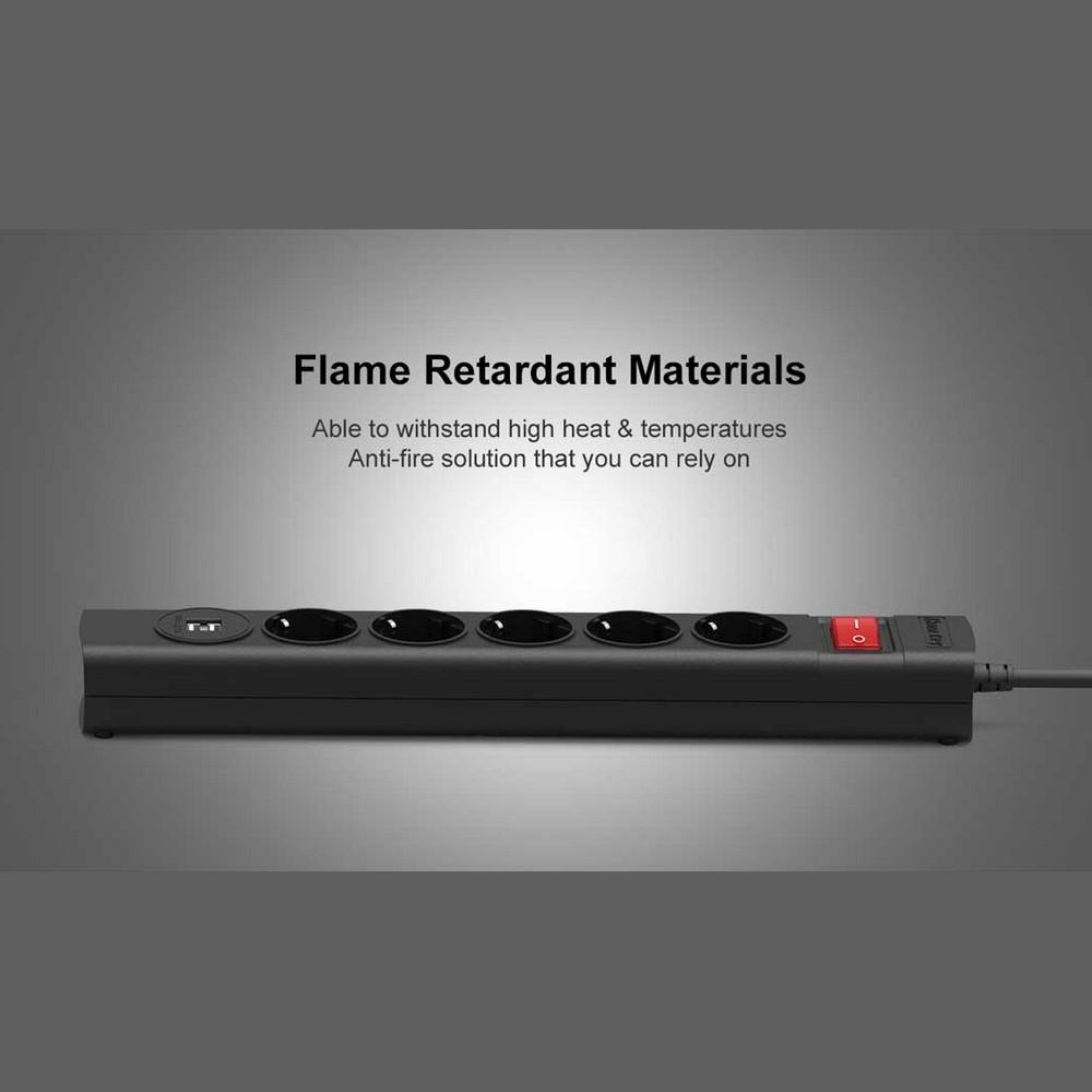 Power Strip with 5 AC Outlets 2 USB Ports Flame-retardant Material Double Break Safety Switch