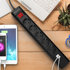 Power Strip with 5 AC Outlets 2 USB Ports Flame-retardant Material Double Break Safety Switch