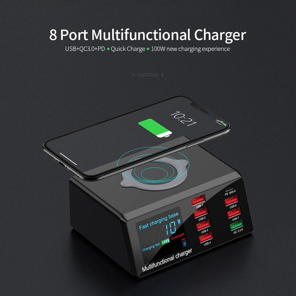 8 Port Wireless USB Charger Quick Charge PD+QC3.0+USB Station with LED Display