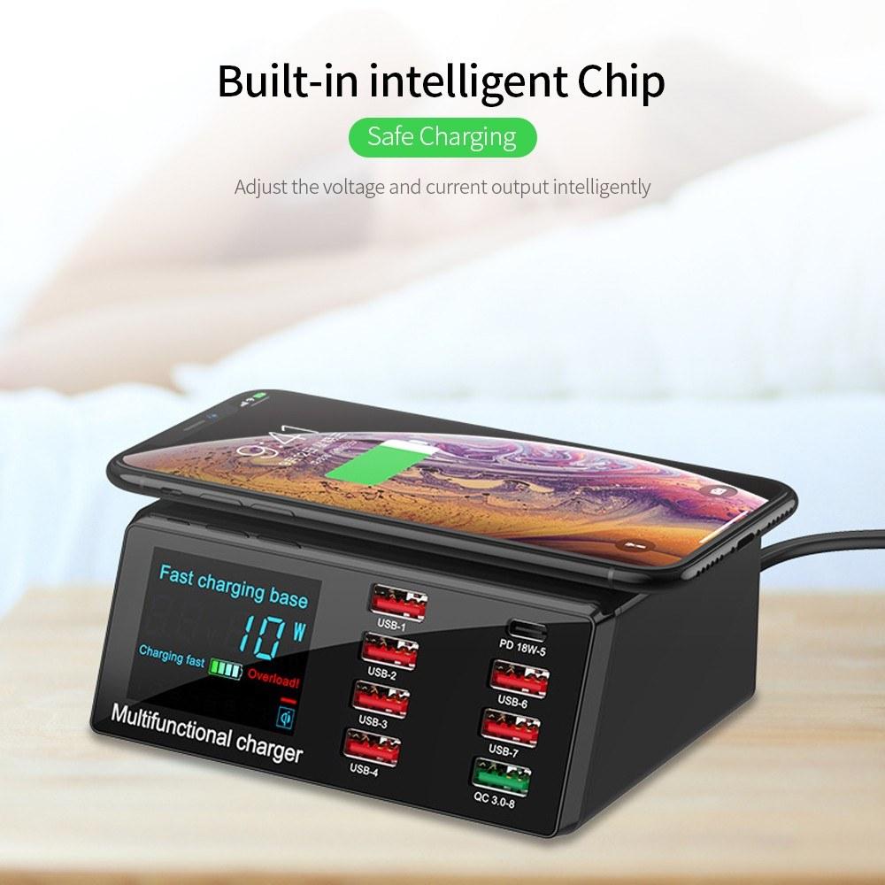8 Port Wireless USB Charger Quick Charge PD+QC3.0+USB Station with LED Display