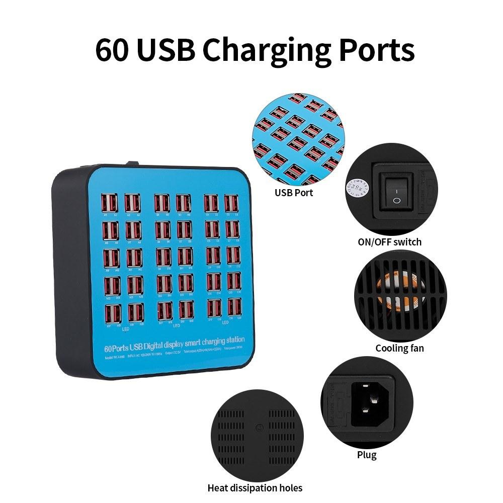 Smart Charging Station with 60 Ports USB Dock Universal Compatibility for Family and Office Use