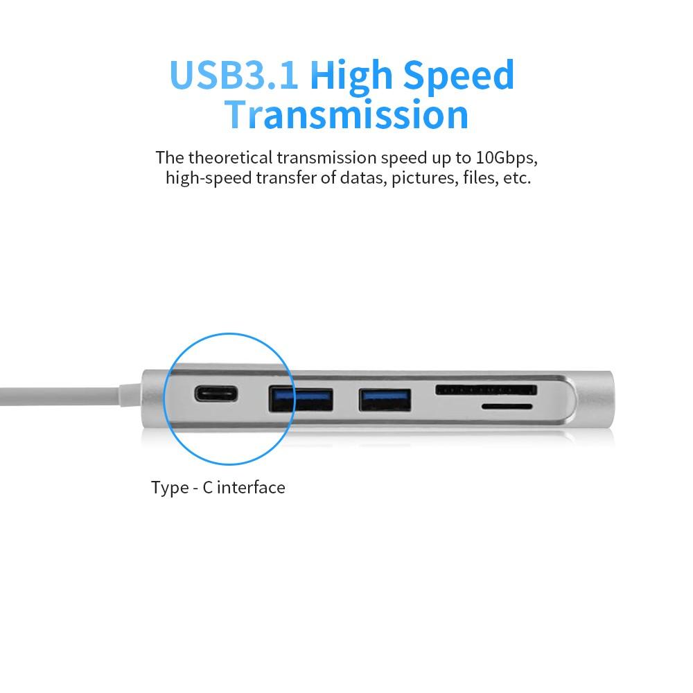 Multi-functional 6-in-1 Type-C Hub to USB3.0 HD Converter with SD TF Card Slot