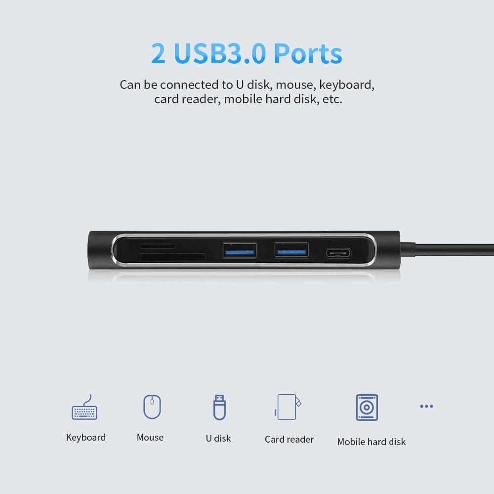 Multi-functional 6-in-1 Type-C Hub to USB3.0 HD Converter with SD TF Card Slot