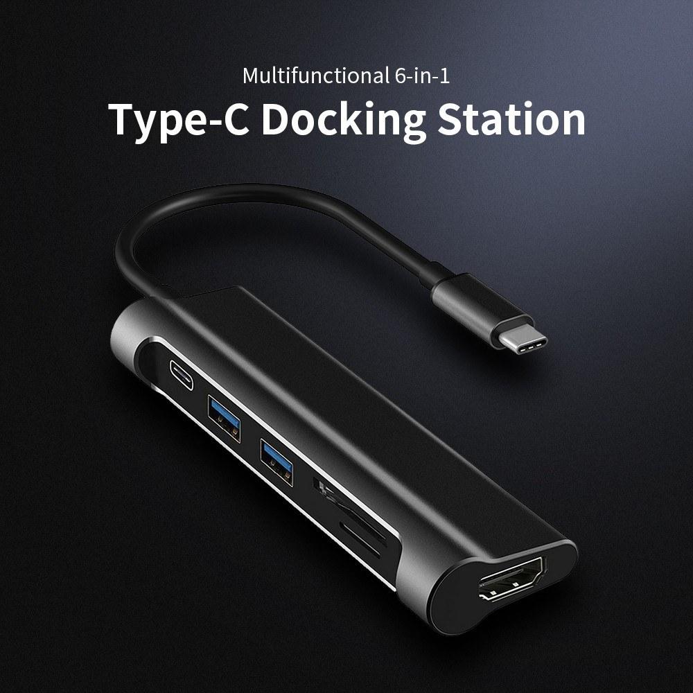 Multi-functional 6-in-1 Type-C Hub to USB3.0 HD Converter with SD TF Card Slot