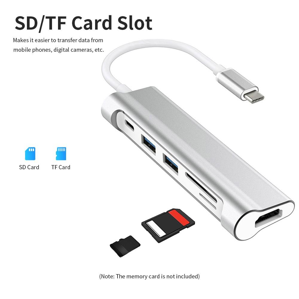 Multi-functional 6-in-1 Type-C Hub to USB3.0 HD Converter with SD TF Card Slot