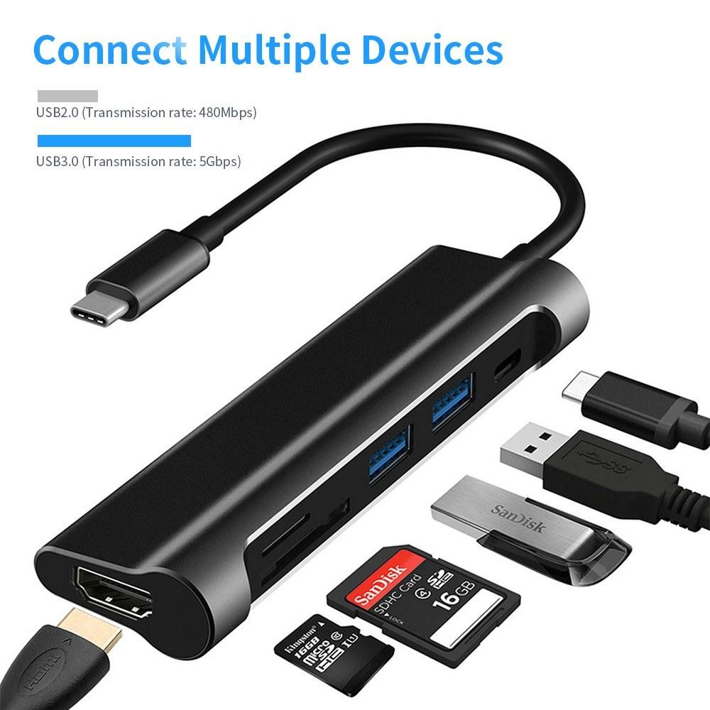 Multi-functional 6-in-1 Type-C Hub to USB3.0 HD Converter with SD TF Card Slot