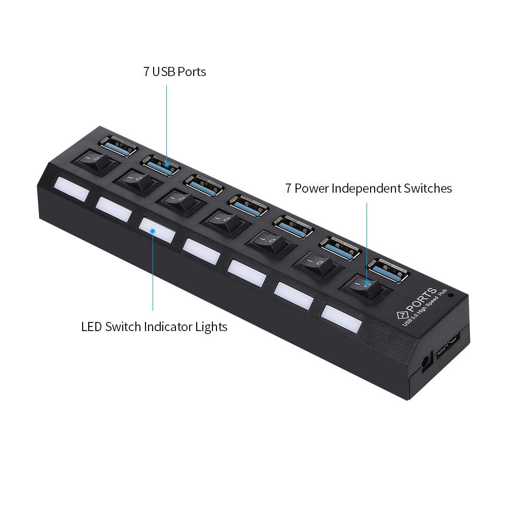 7-Port USB 3.0 HUB Splitter 7 Ports Expander with Switch For PC