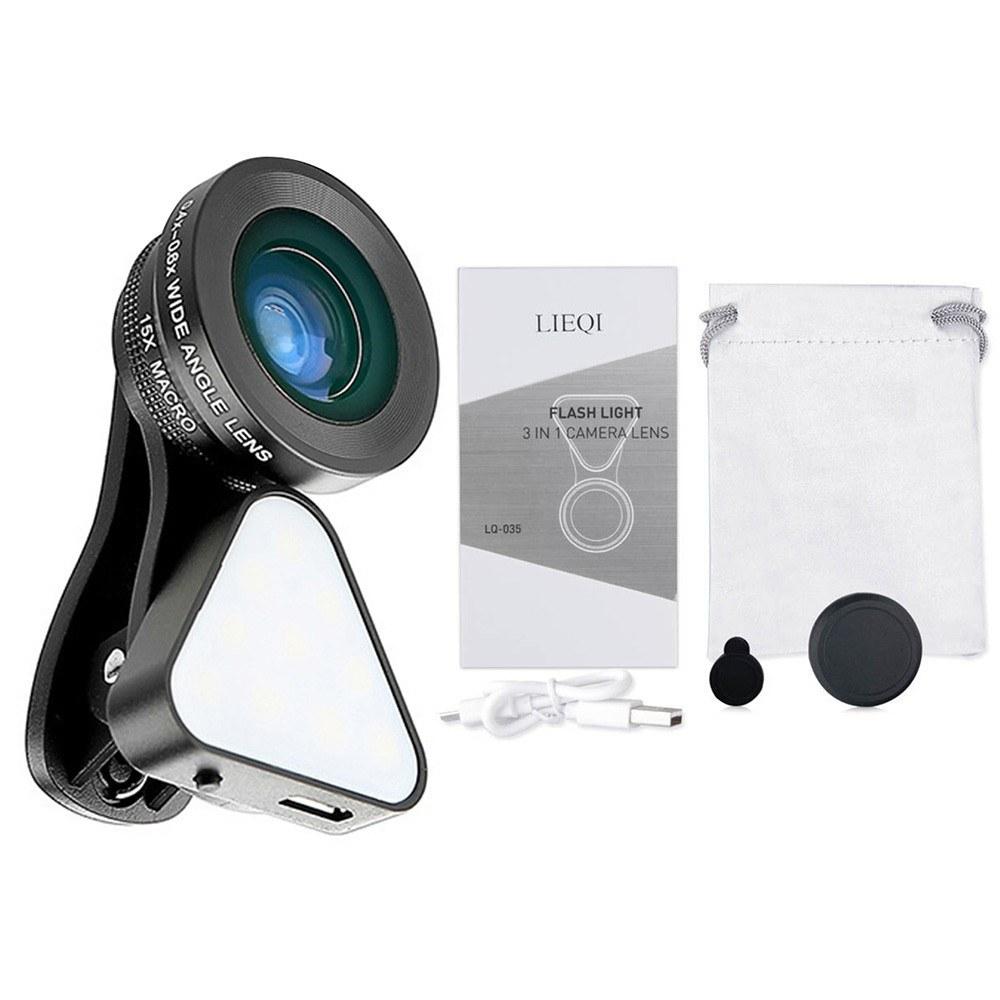3-in-1 Clip-on Smartphone Fill Light & Phone Camera Lens Kit