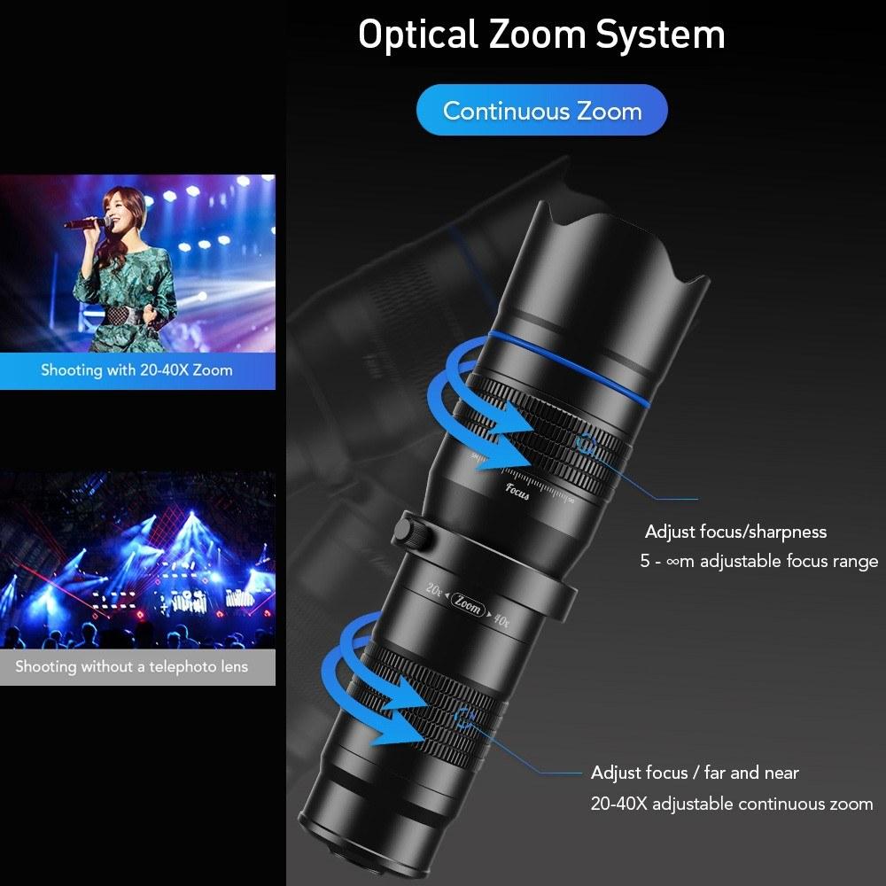 Metal HD 20-40X Zoom Single-tube Telescope External Dual Adjustment Monocular Phone Telephoto Lens