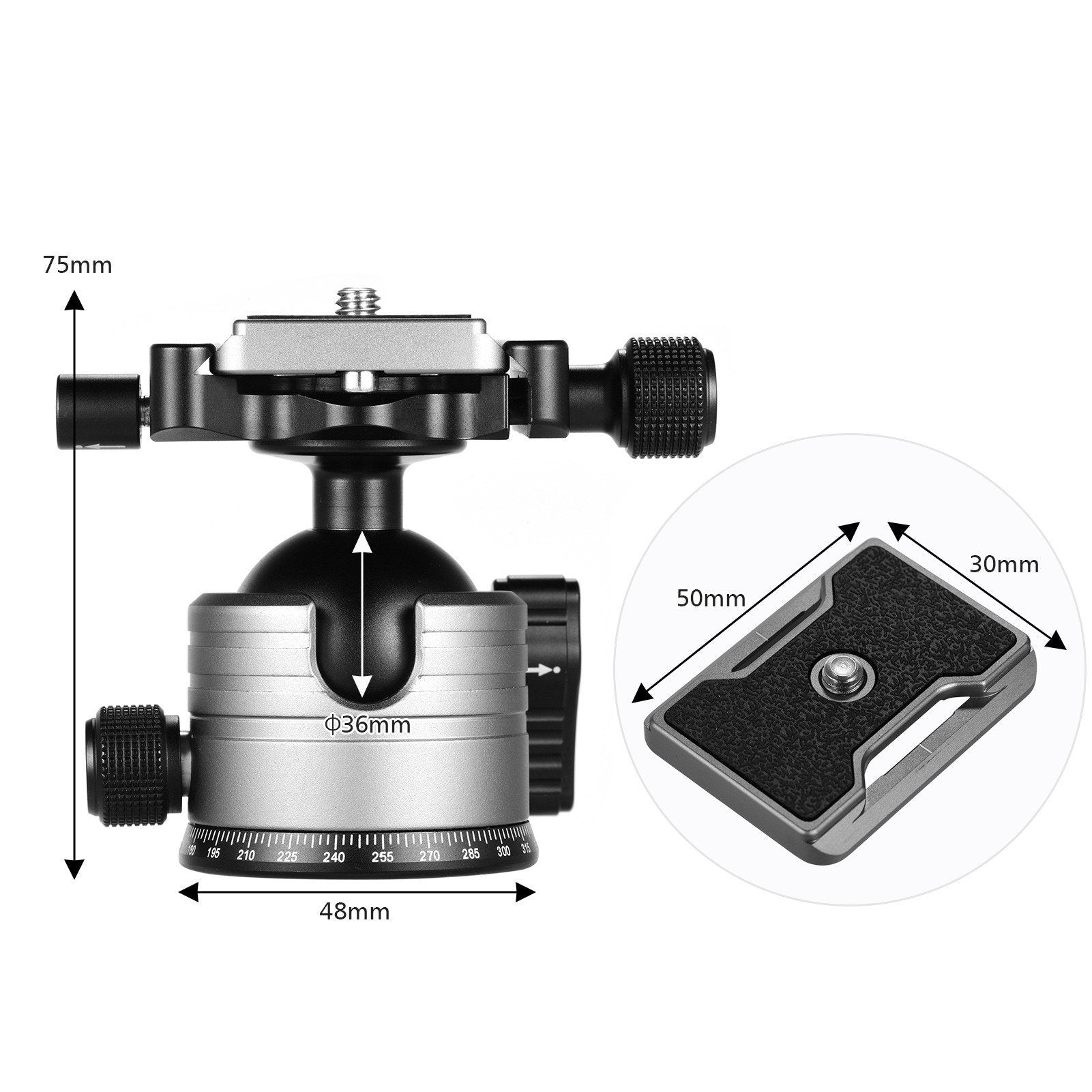 CNC Dual Panoramic Ball Head Low Center of Gravity Single U Notch Design with 1/4 Inch Screw Mount