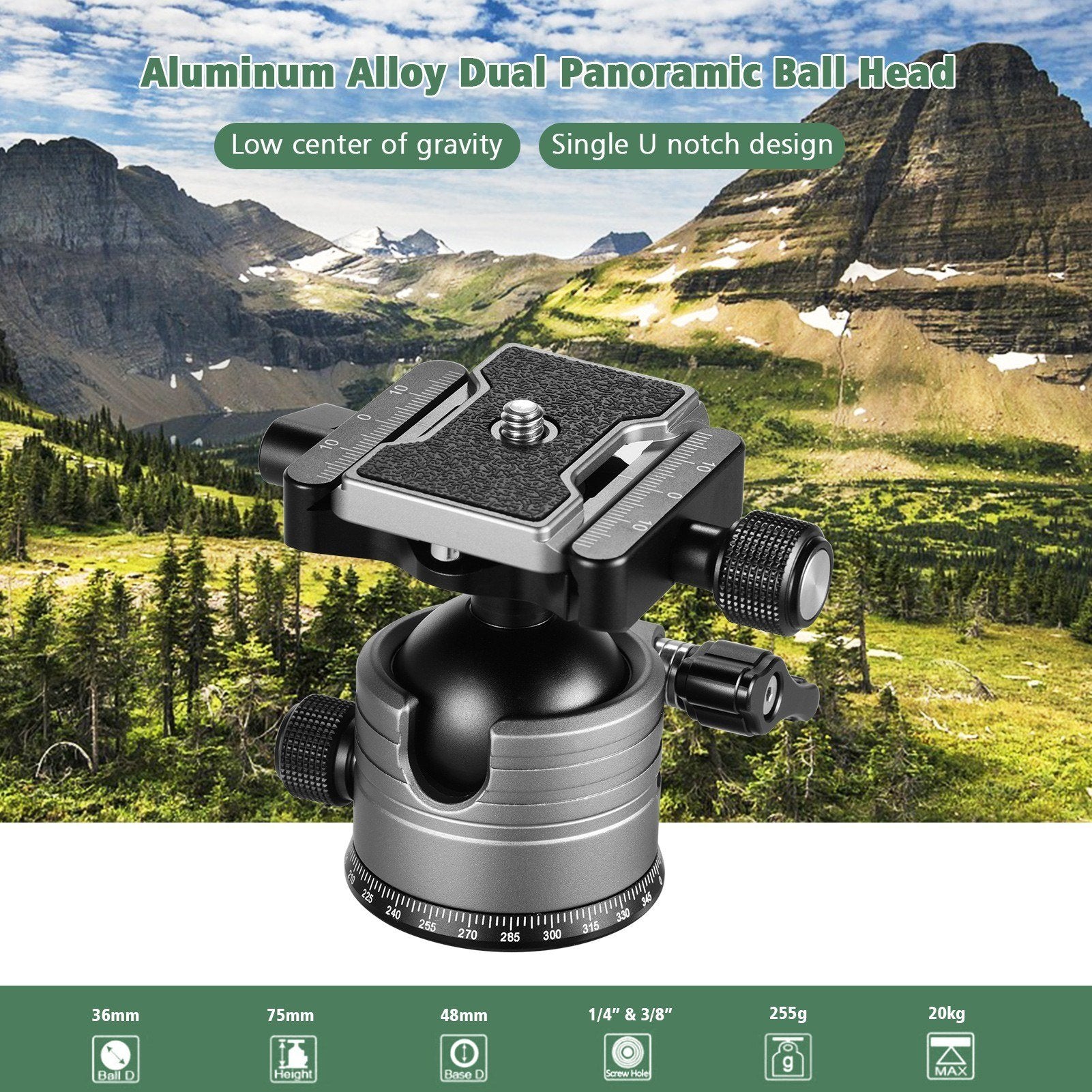 CNC Dual Panoramic Ball Head Low Center of Gravity Single U Notch Design with 1/4 Inch Screw Mount