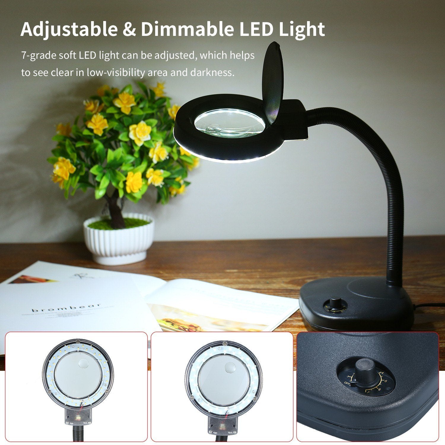 Bench Magnifier 10x/5x 3/8 Diopter Flexible Gooseneck LED Table Desktop Magnifying Glass Lamp