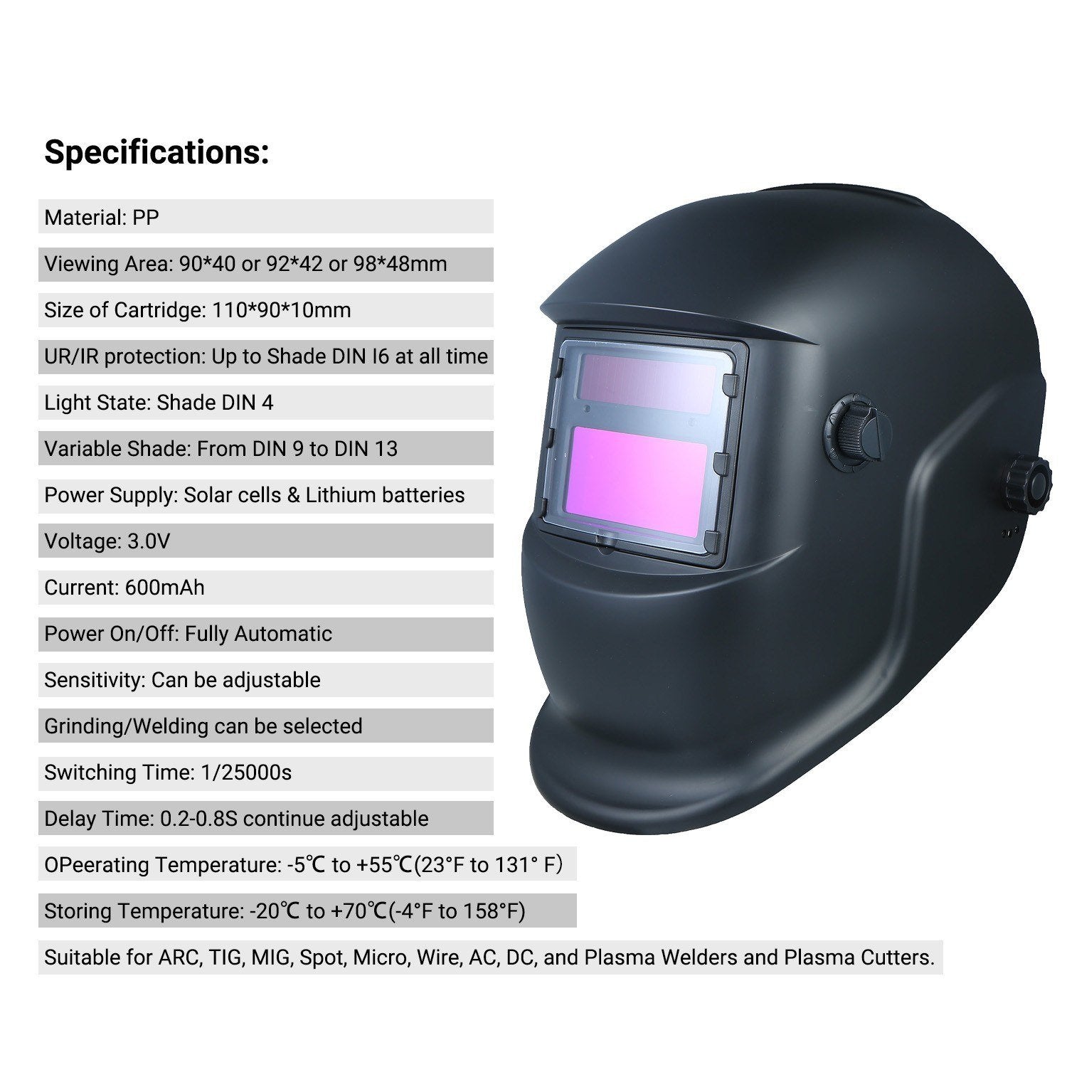 Welding Helmet Solar Powered Auto Darkening Protective Shield with Variable Shade from DIN9 to DIN13