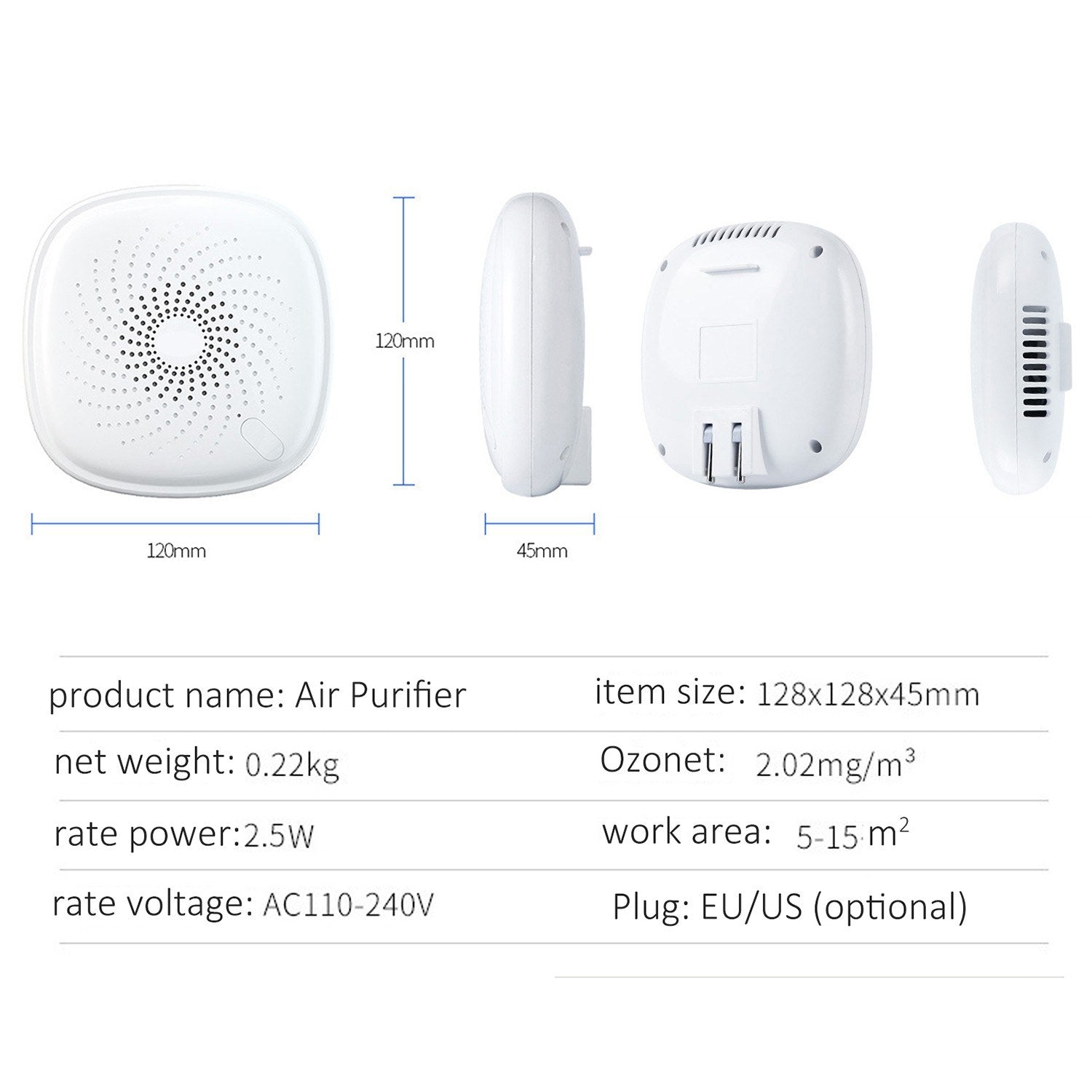 2-in-1 Plug-in Mini Ionizer Air Purifier Ozone Generator Deodorizer Portable Air Cleaner Odor Eliminator for Rooms Smoke and Pets AC100-240V
