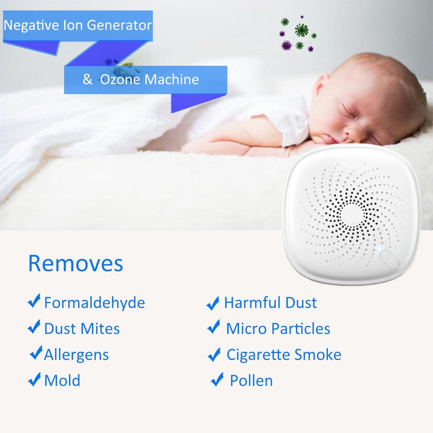 2-in-1 Plug-in Mini Ionizer Air Purifier Ozone Generator Deodorizer Portable Air Cleaner Odor Eliminator for Rooms Smoke and Pets AC100-240V